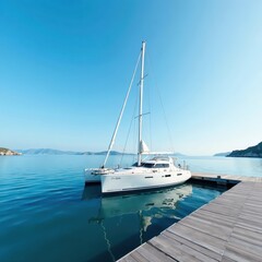 Fototapeta premium Sleek sailboat moored at wooden dock, calm blue water , sailing, vacation, photography