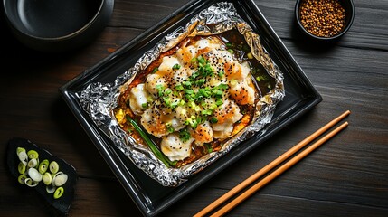 Tai cooked in foil with soy, ginger, and scallions, presented on a lacquered tray for a modern New Year s feast