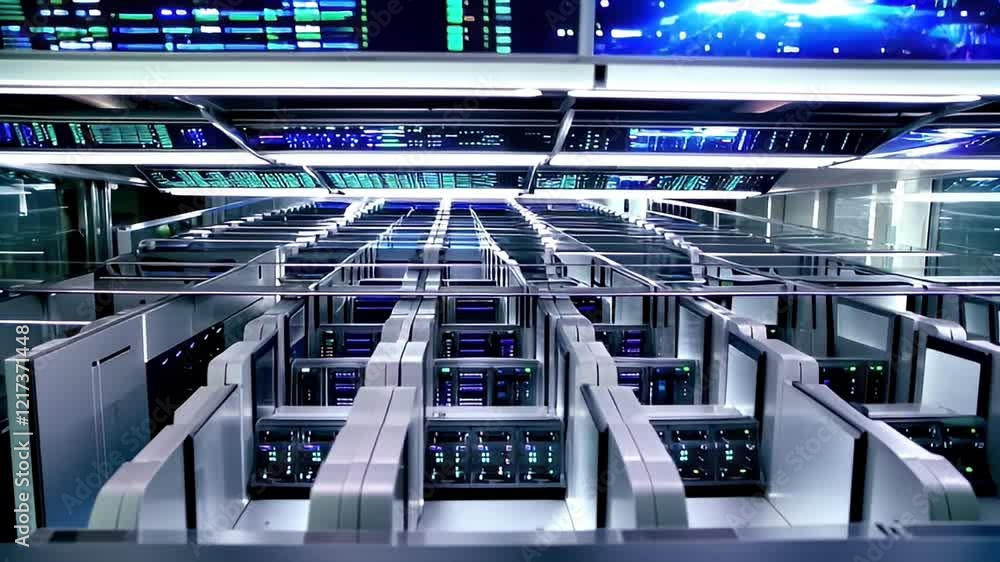 Poster high tech server room showcasing digital technology and information flow through vibrant data and ne