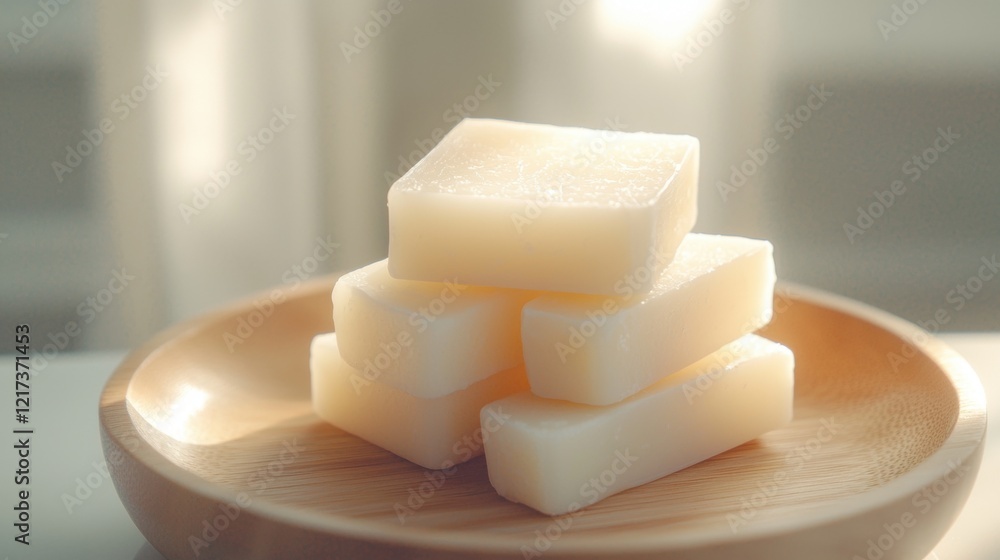 Poster stack of four cubes of soap on a wooden plate. the cubes are arranged in a pyramid-like shape, with 