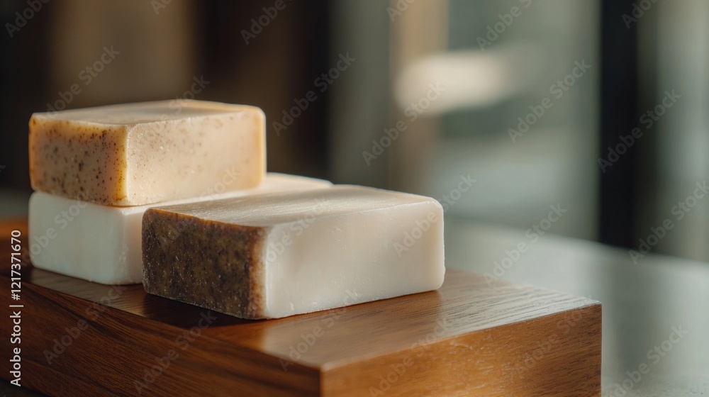 Poster three rectangular soap bars stacked on top of each other on a wooden surface. the soap bars are of d