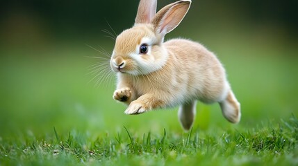 Fototapeta premium Adorable Light Brown Bunny Hopping Through Green Grass