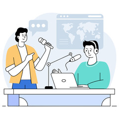 Breaking Boundaries with Remote Interviews concept, remote virtual podcasting vector design, Podcast or slice-of-life journalism scene, Web television series banner vodcast audio blogging illustration