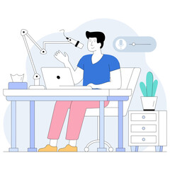 solo person hosting live streaming session concept, podcaster Preparing Content vector design, Podcast slice-of-life journalism scene, Web television series banner vodcast  audio blogging illustration
