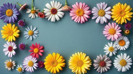 Fototapeta premium Group of small, colorful flowers arranged in a geometric pattern, colorful flowers, geometric pattern, flower composition