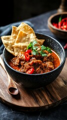 A bowl of Rendang served with traditional Indonesian crackers kerupuk, adding texture and flavor