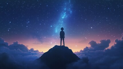 Silhouetted child standing on a mountain peak, gazing at a vibrant night sky filled with stars and a celestial light.