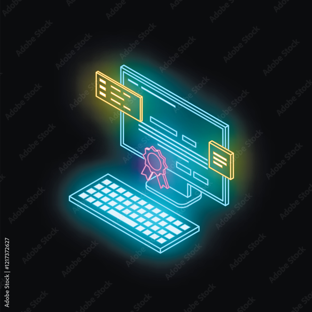 Poster futuristic glowing computer and keyboard representing online education and learning platforms winnin