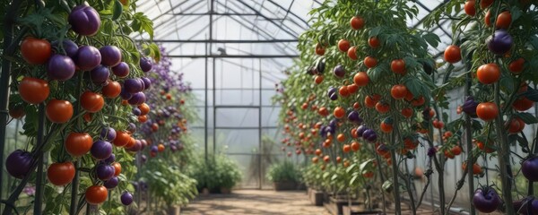 Greenhouse tree with multiple big, purple tomatoes growing on different branches, leafy greens, tomato, greenhouse