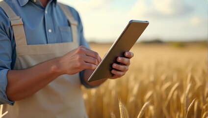 Potrait of professional businessman using tablet botanist in shirt agronomist checking wheat agribusiness data, wheat field background