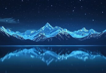 Fototapeta premium A serene night scene of snow-capped mountains under the starry sky, reflecting in a tranquil lake