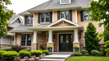 Luxury Brick House Exterior with Landscaping and Columns. Beautiful Home Design and Architecture. Real Estate Property