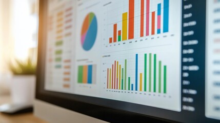 Close-up of computer screen displaying various charts and graphs for data analysis.
