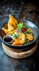 A rustic presentation of Toshikoshi Soba in a bamboo bowl, served with a side of dipping sauce and tempura