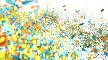 A vibrant explosion of confetti with various shapes and colors, isolated on a white background, perfect for celebration, party, or festive designs.