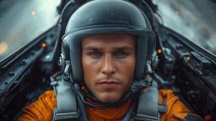 Pilot soldier in helmet inside cockpit of fighter plane during war