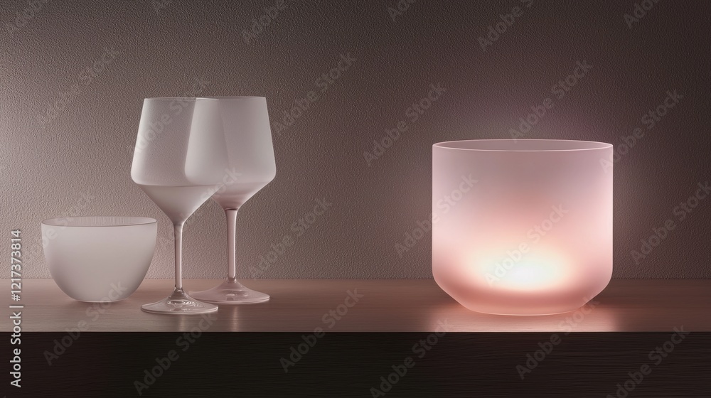 Poster wooden table with three objects on it. on the left side of the table, there are two wine glasses and