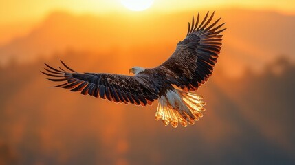 Obraz premium Majestic eagle in flight at sunset.