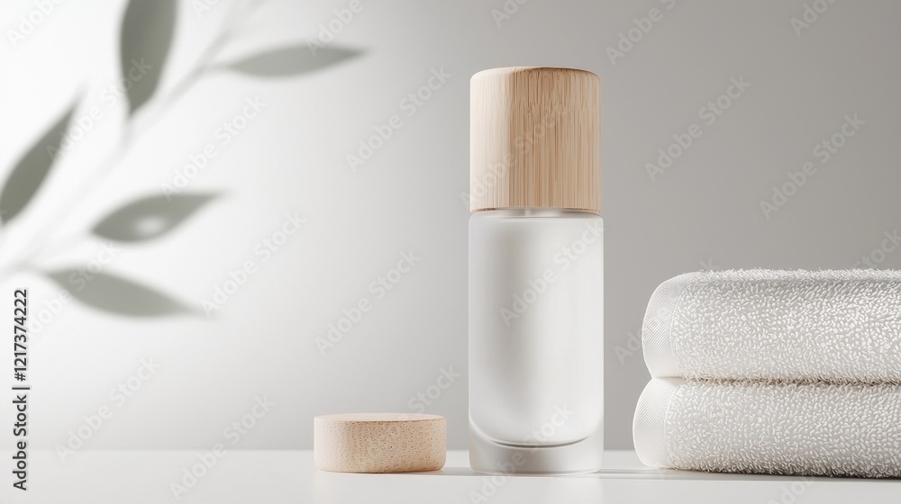 Poster white perfume bottle with a bamboo cap on a white surface. the bottle is cylindrical in shape and ha