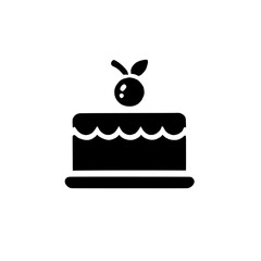 Delicious Cake Icon: A simple yet elegant black and white icon depicting a delectable cake, topped with a cherry and a leaf, perfect for bakery websites, menus, or celebratory designs. 