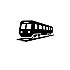 Commuter Train Icon: A simple, bold black silhouette of a modern commuter train on tracks, perfect for transportation icons, websites, or app design.  