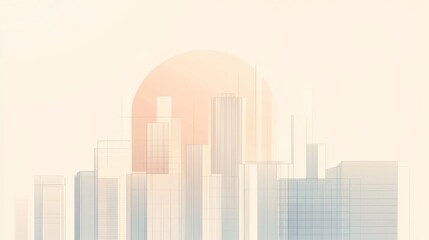 Abstract city skyline with soft pastel colors and a large rising sun in the background