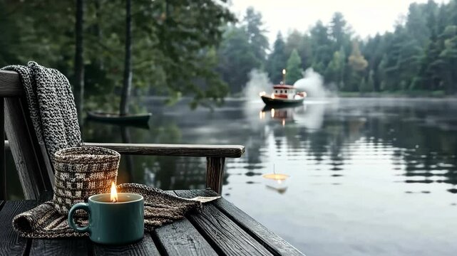 Calm lake scene with candle boat surrounded nature