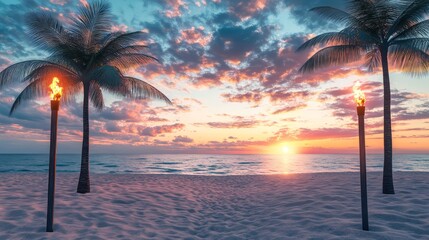 Tropical paradise beach sunset with burning tiki torches and palm trees at dusk