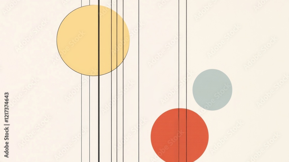 Poster abstract composition featuring colorful circles and vertical lines on a minimalist background