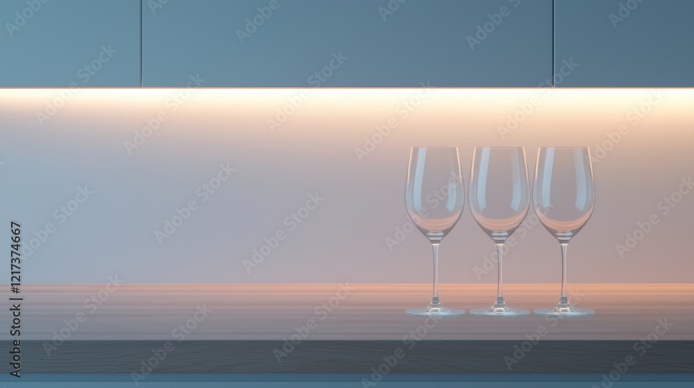 Poster three empty wine glasses on a wooden surface. the background is a light blue color with a gradient e