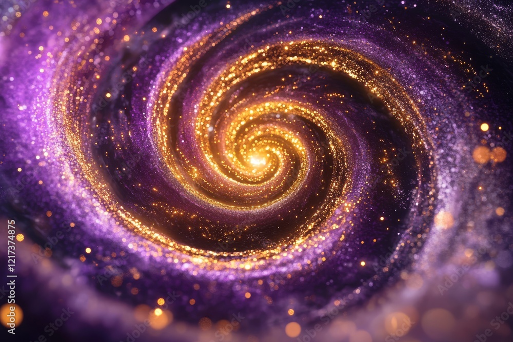 Poster a stunning glowing spiral galaxy with a dynamic vortex of shimmering golden and deep purple particle