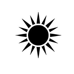 Naklejka premium Simple Sun Icon: A minimalist black sun icon with sharp rays radiating from a central circle, symbolizing warmth, energy, and optimism.