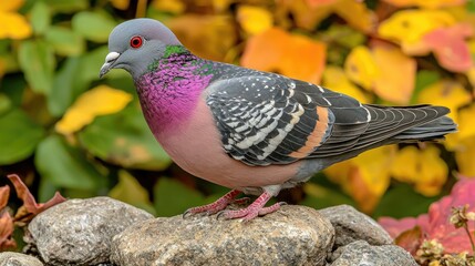 A Vibrant Pink And Gray Pigeon Perched On Rocks