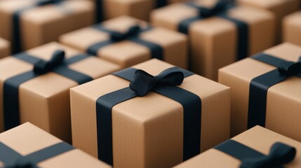 Obraz premium Many brown boxes with black bows sealed and labeled ready for shipping or delivery on a wooden surface