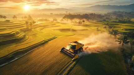 Fototapeta premium Sunrise harvest Rice paddy fields, combine harvester