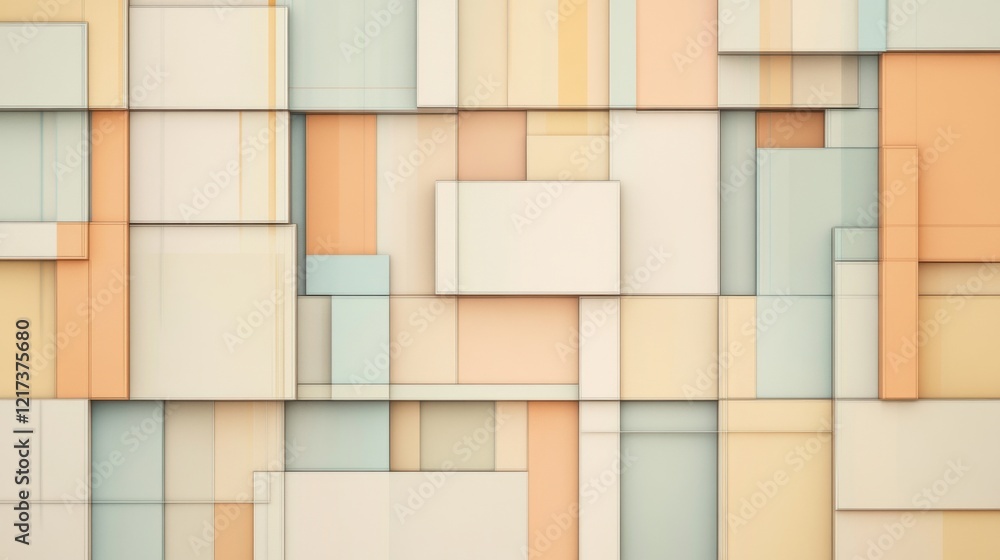 Poster abstract composition of overlapping geometric shapes in soft pastel colors, creating a modern aesthe