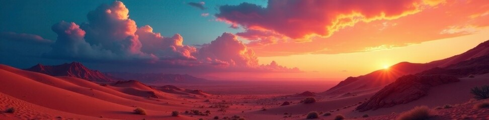 Fototapeta premium Fiery colors illuminate vast desert landscape, clouds, arid
