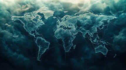 A blue and white world map with a lot of lights on it