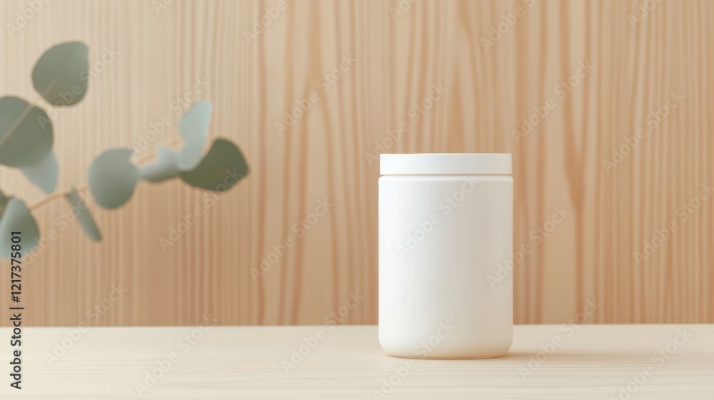 Poster white ceramic jar with a lid on a wooden surface. the jar is cylindrical in shape and appears to be 