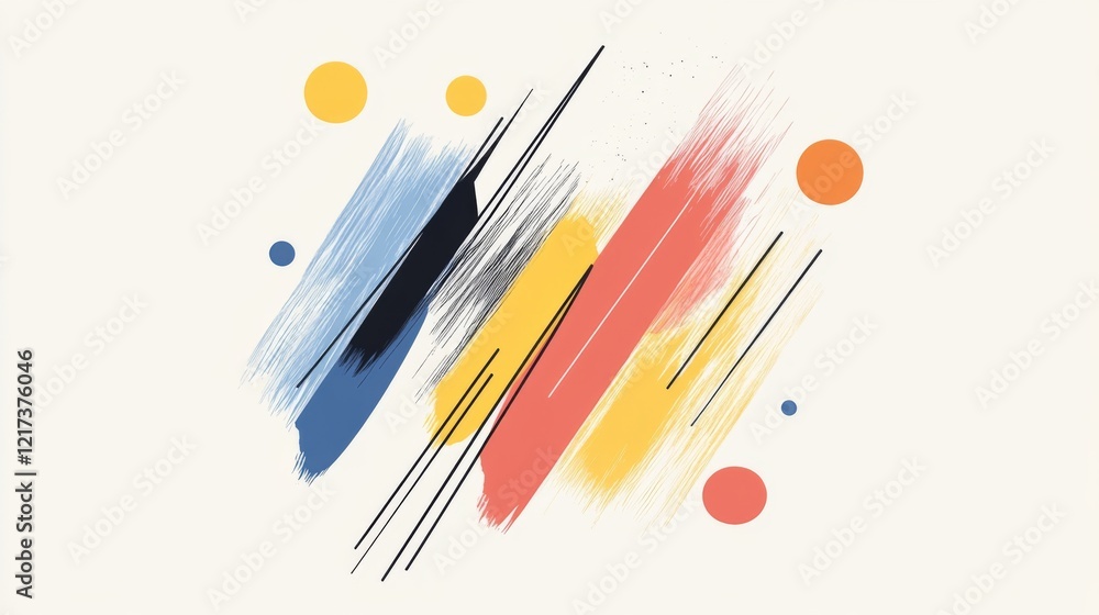 Poster abstract composition with colorful brush strokes and circles on a light background