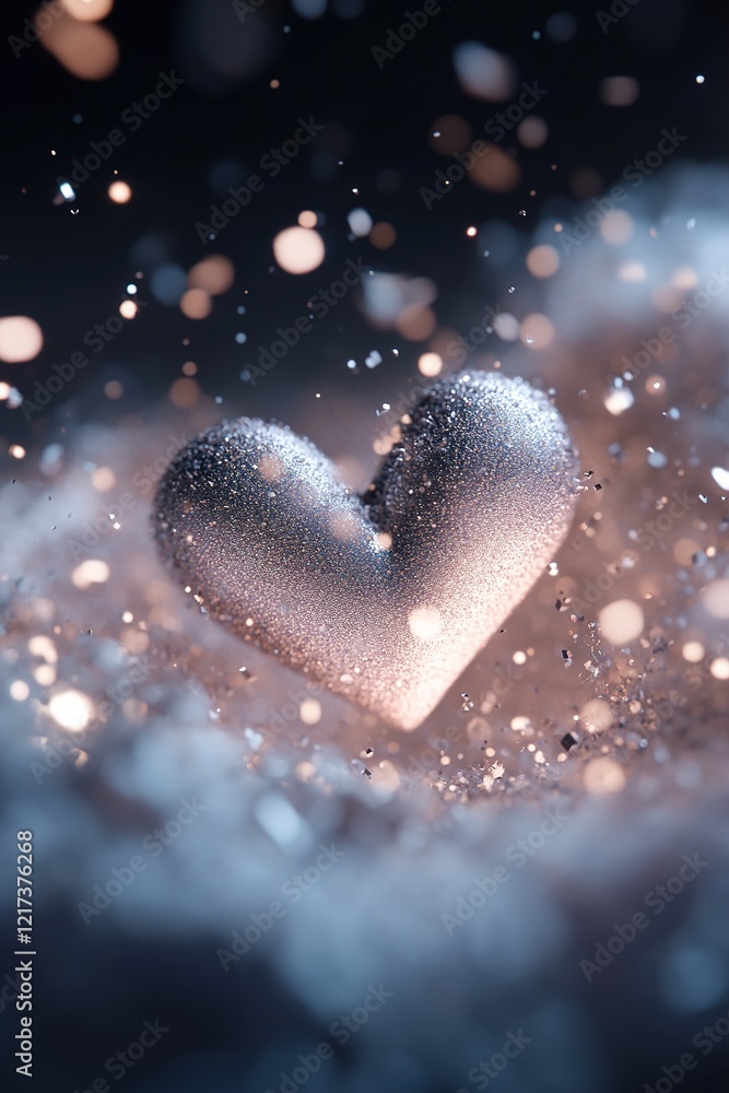 Poster dynamic light rays in the shape of hearts meet at the center, surrounded by soft glowing particles a