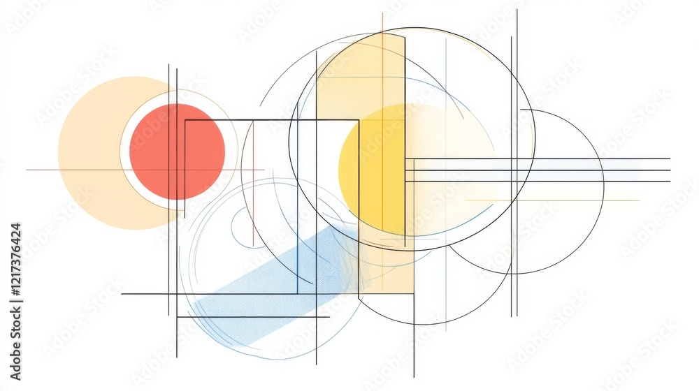 Poster abstract geometric composition featuring circles and rectangles in vibrant colors and lines