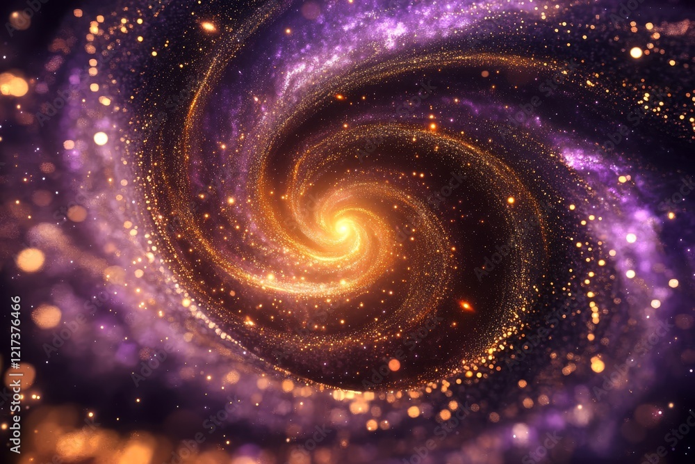 Aufkleber a vibrant and mesmerizing cosmic spiral is adorned with golden and purple particles, showcasing a dy
