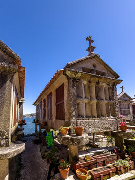Historic Galician Stone Granaries with Vibrant Garden Details
