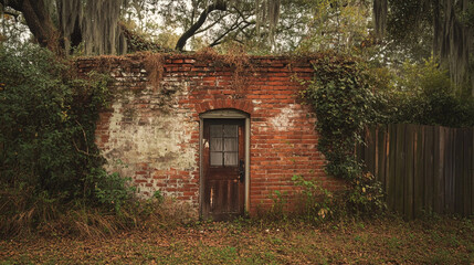 Abandoned brick wall and door surrounded by overgrown foliage in rural setting