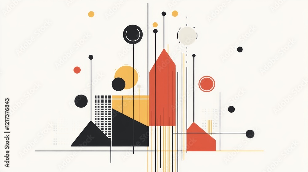 Poster abstract geometric composition featuring colorful shapes and lines on a minimalist background