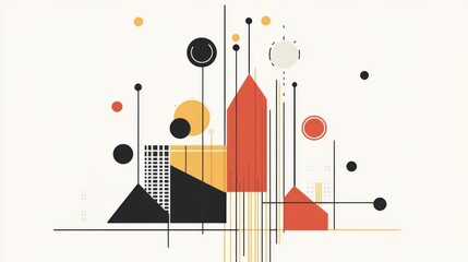 Abstract geometric composition featuring colorful shapes and lines on a minimalist background