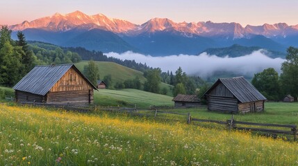 Obraz premium Sunrise mountain valley, wooden huts, wildflowers