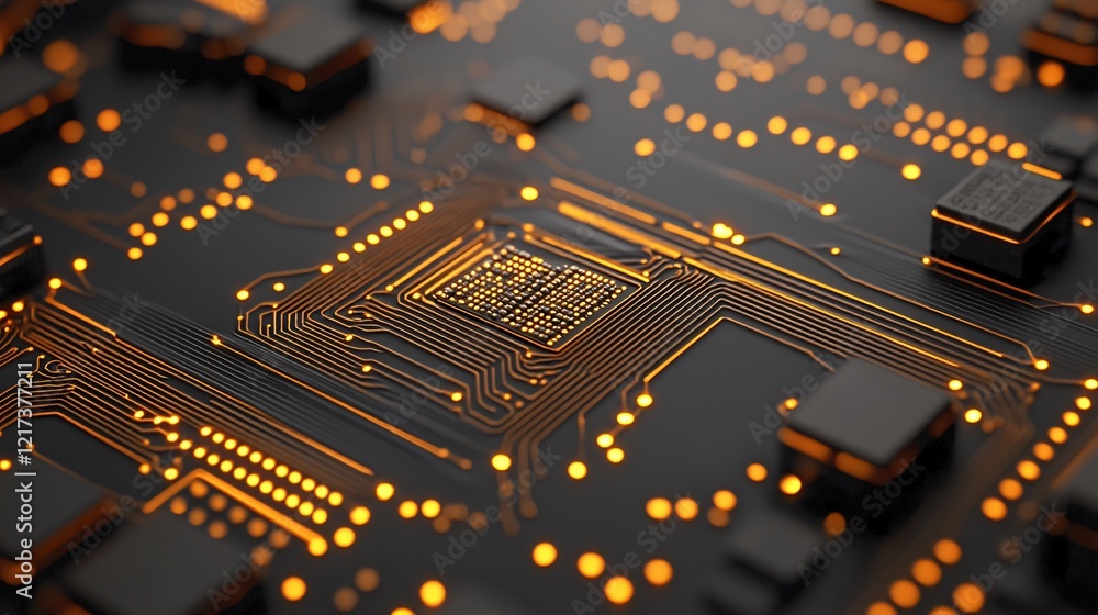 Poster a close-up view of a circuit board, showcasing intricate patterns, glowing connections, and electron