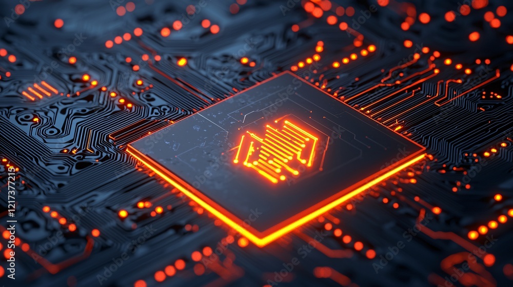 Poster a glowing microchip on a dark circuit board, showcasing intricate patterns and bright orange element